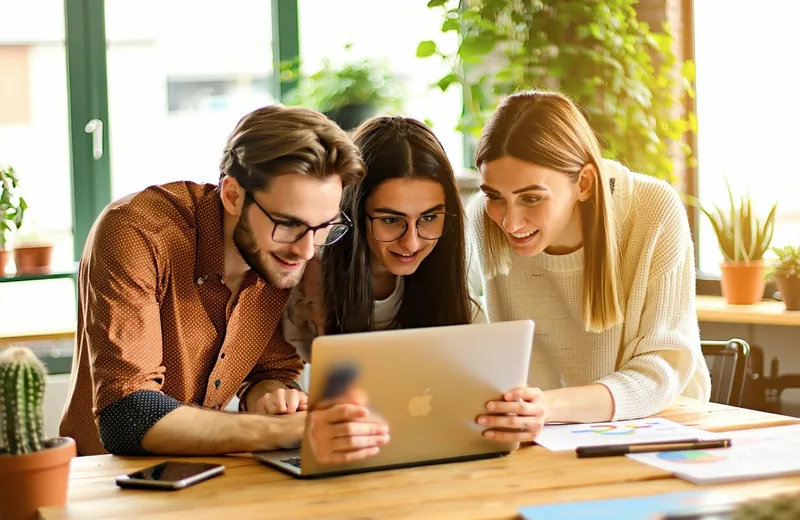 A small marketing team gathered around a laptop reviewing campaign copy