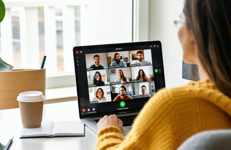 A remote marketing team on a video call discussing a product launch campaign