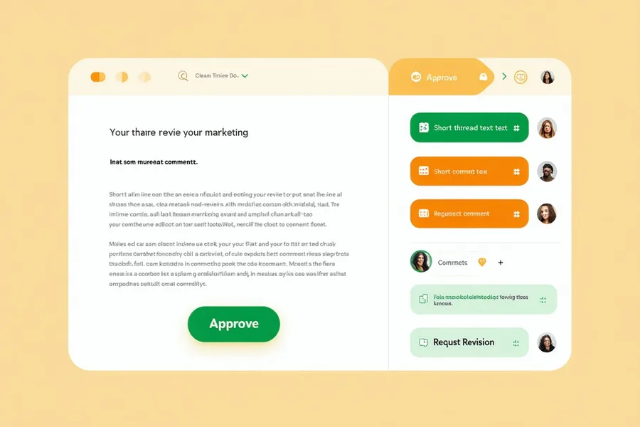 Quillpilot approval workflow showing a copy card with inline editing and an approve button alongside a comment thread