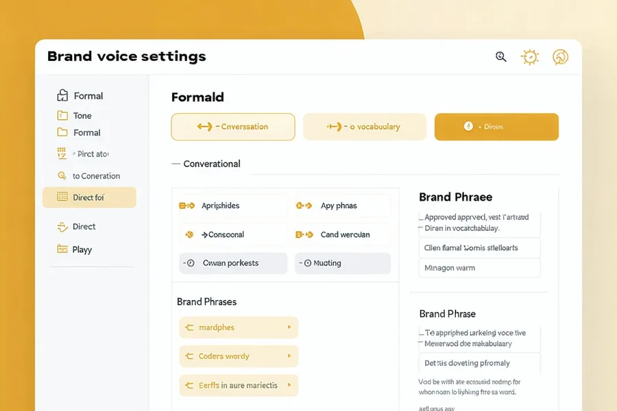 Brand voice profile panel in Quillpilot showing tone sliders, vocabulary examples, and approved phrase library
