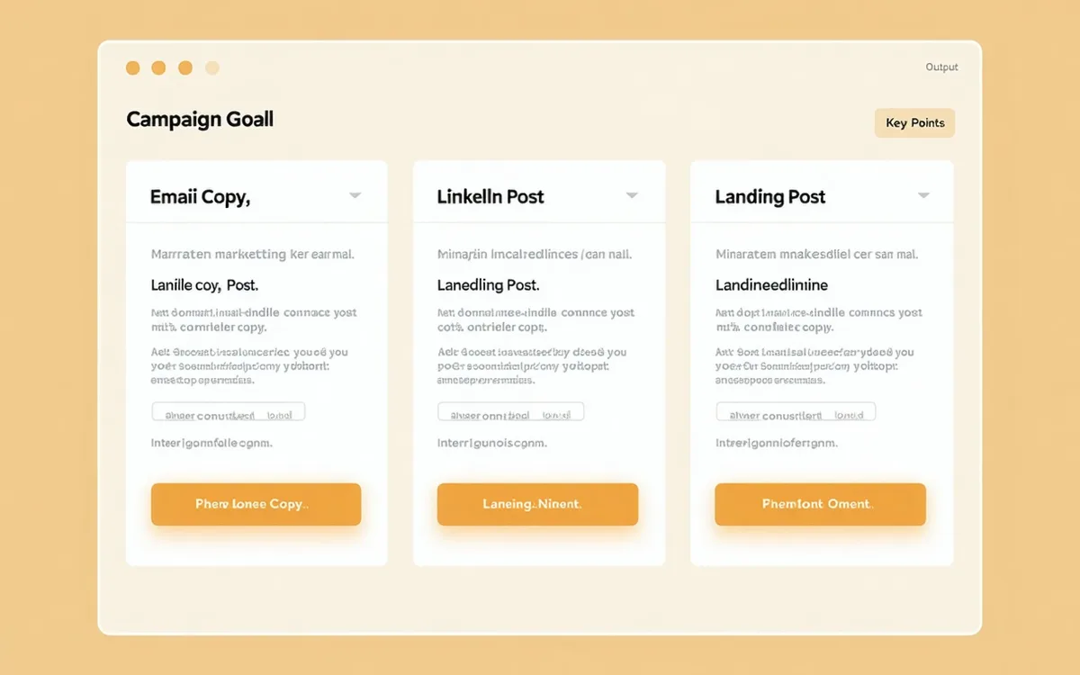 Quillpilot editor showing a brief input on the left and three channel output tabs — email, LinkedIn, and landing page — on the right